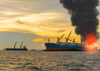 AI-genererad bild av batteriexplosion ombord på ett fartyg.